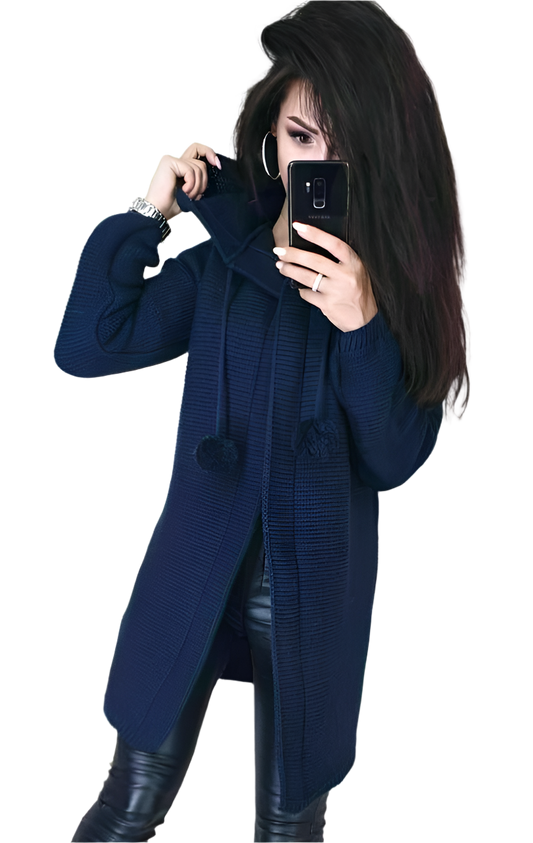 Womens Navy Blue Dense Knit Hooded Cardigan Long Sleeve Sweater