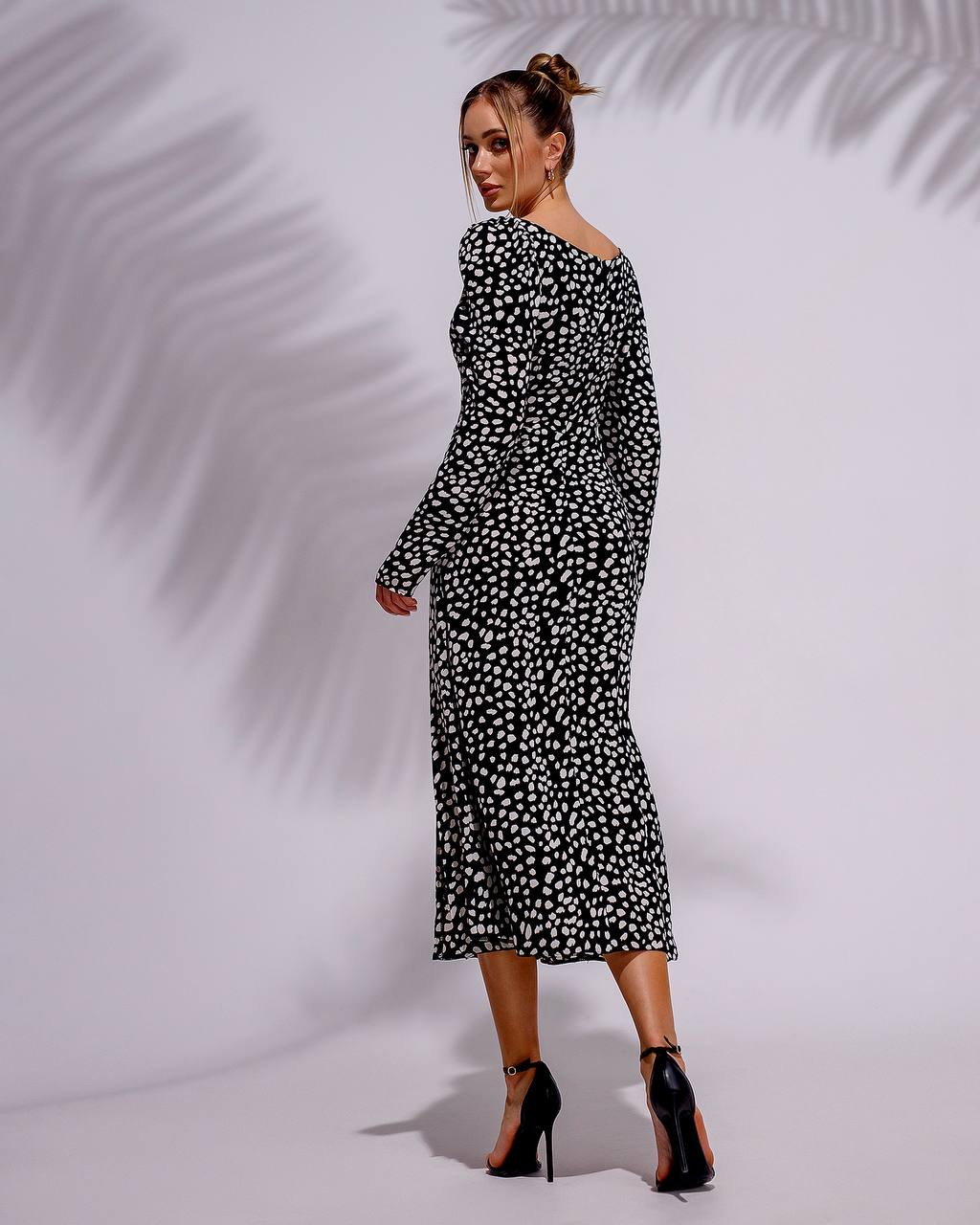 Black and Cream Stain Print Dress with Long Sleeves and Side Slit