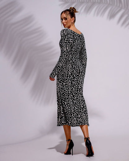 Black and Cream Stain Print Dress with Long Sleeves and Side Slit