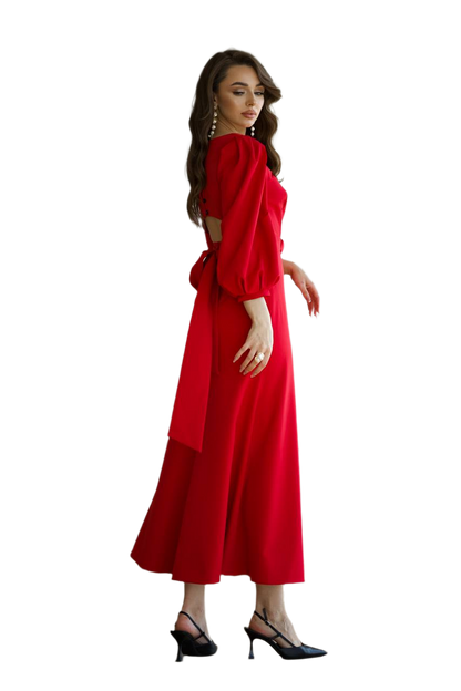 Elegant Red Midi Dress for Women with Puff Sleeves