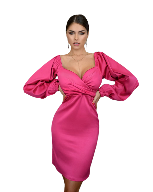 Elegant Raspberry Satin Mini Dress with Long Puff Sleeves