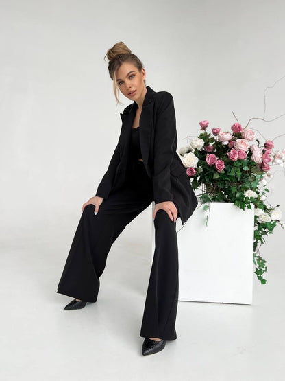 Black Palazzo Suit for Women Diagonal Crepe Tailored Wide Leg Pantsuit