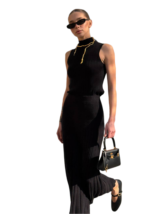 Knitted Sleeveless Top and Pleated Skirt Suit for Women