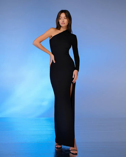 Asymmetric Bandage Knit Dress with Long Sleeve and Slit