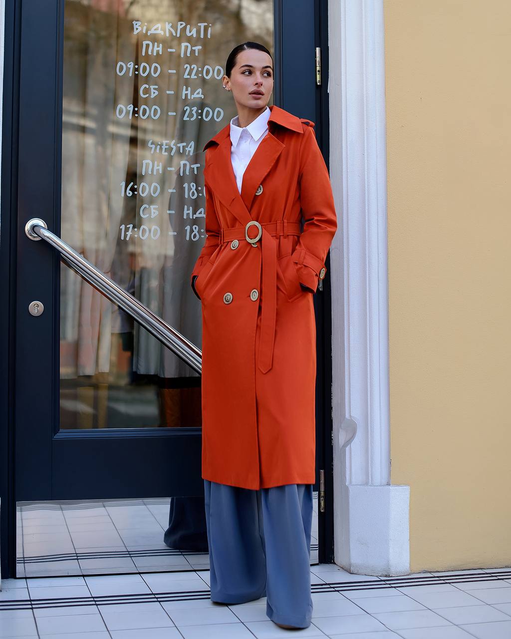 Stylish Red Trench Coat with Pockets and Belt for Women's Fashion