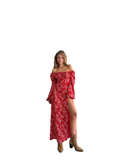 Off Shoulder Maxi Dress in Red with White Floral Print