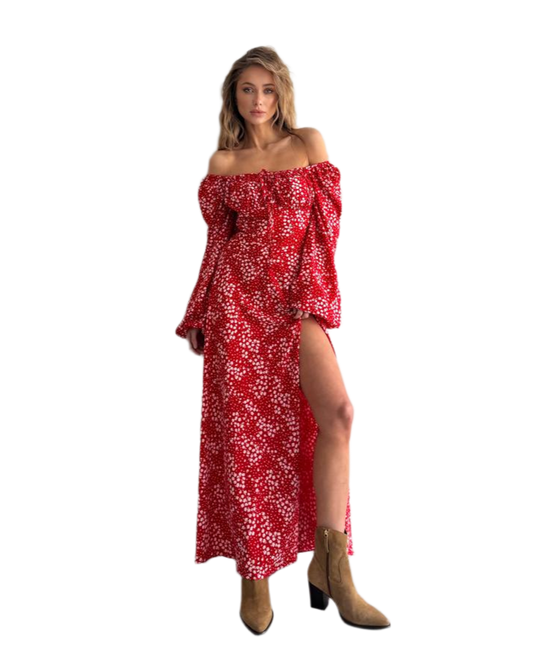 Off Shoulder Maxi Dress in Red with White Floral Print