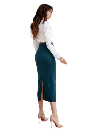 Woman wearing a white blouse and teal skirt on a white background