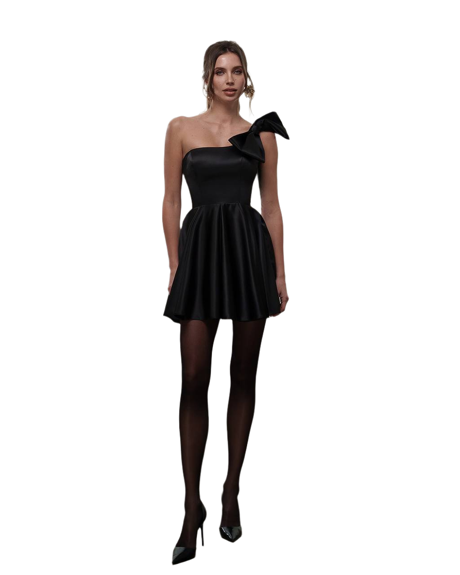 Woman wearing a black one-shoulder dress on a white background