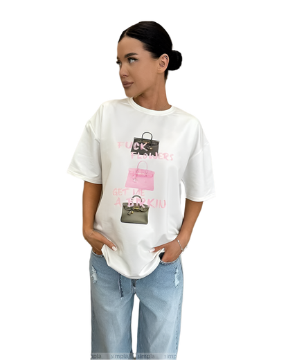 Oversize Cotton T Shirt with Unique Handbag Print