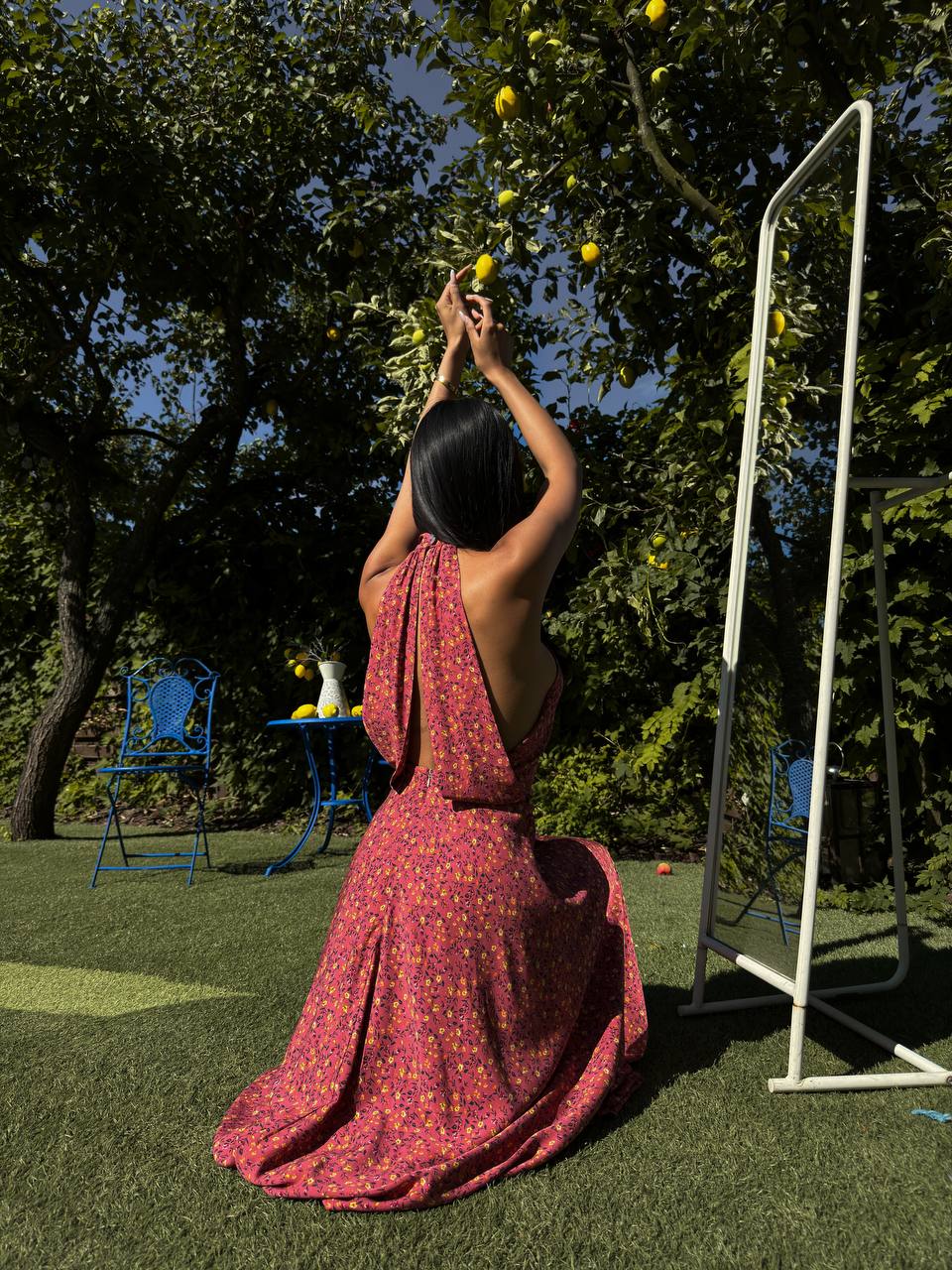 Woman in a red dress reaching up to pick lemons from a tree in an orchard.