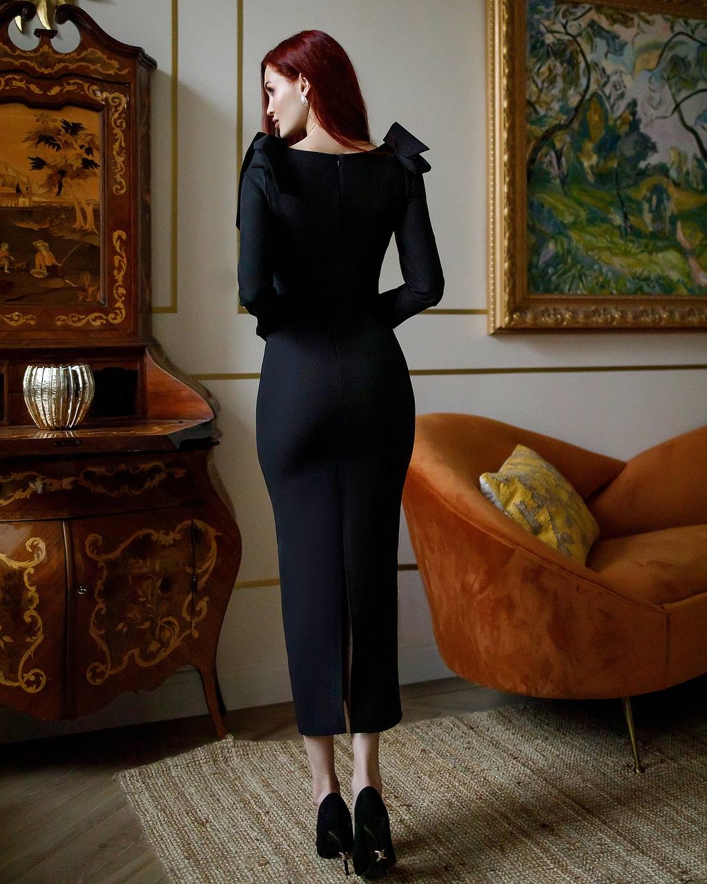 Elegant Black Diagonal Suit Crepe Midi Dress for Women