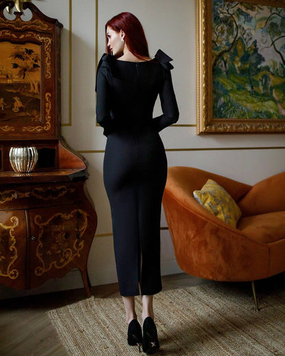 Elegant Black Diagonal Suit Crepe Midi Dress for Women