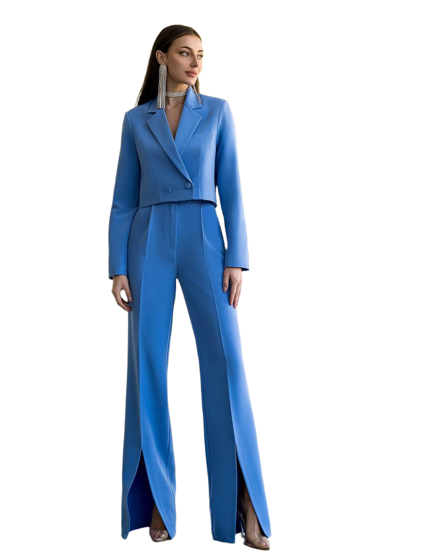 Women Suit with Cropped Jacket and High Split Trousers in Blue