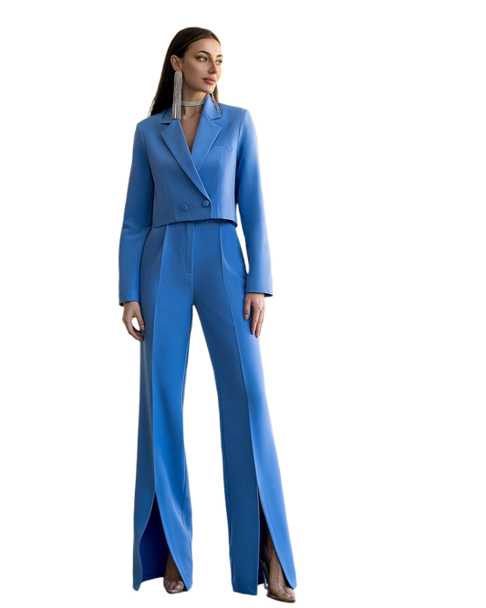 Women Suit with Cropped Jacket and High Split Trousers in Blue