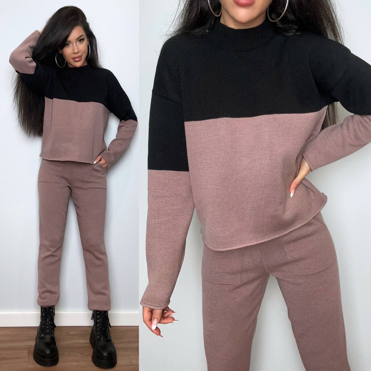 Two views of a person wearing a black and pink matching outfit against a white background.