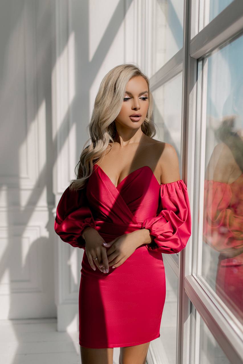 Crystal Red Off Shoulder Mango Satin Mini Dress Puff Sleeve Cocktail Dress