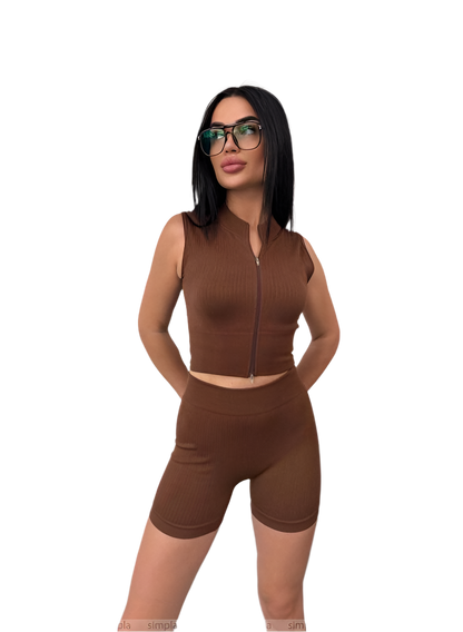 Stylish Seamless Brown Crop Top and High Waist Shorts Set