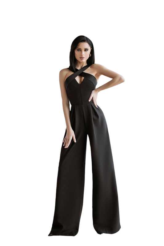 Electra Black Jumpsuit for Women with Satin Details