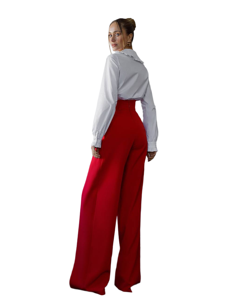 Person wearing a white shirt and red pants on a white background
