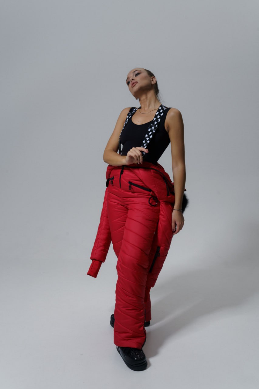 Person wearing a black top and red pants on a plain background