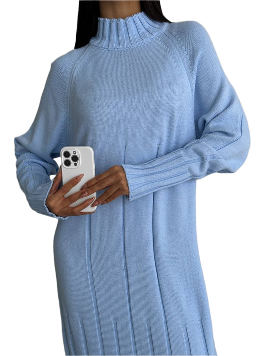 Light Blue Lux Quality Knit Dress with Dropped Sleeve for Women