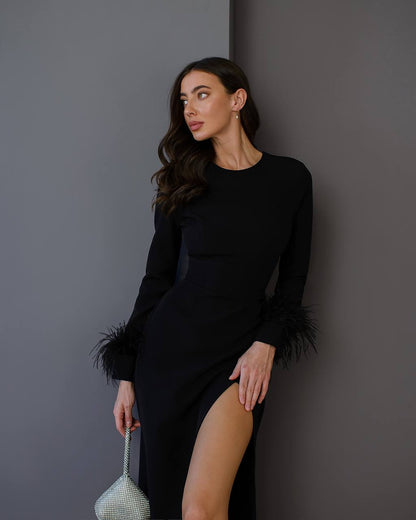 Women Midi Dress Premium Crepe-Diagonal Feather Accents in Black Red Milk-White Blue