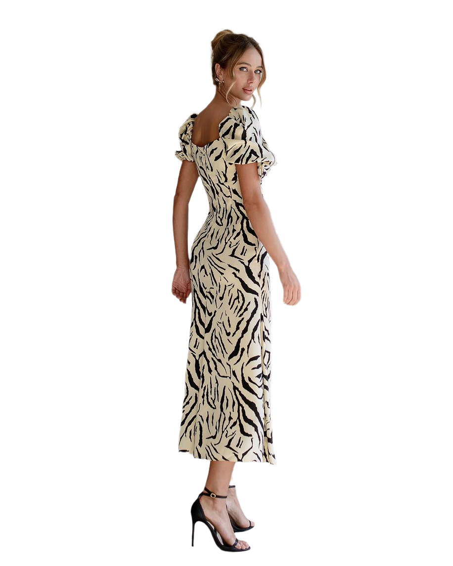 Elegant Dense Printed Silk Dress with Puff Sleeves