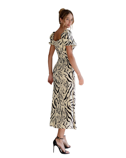Elegant Dense Printed Silk Dress with Puff Sleeves