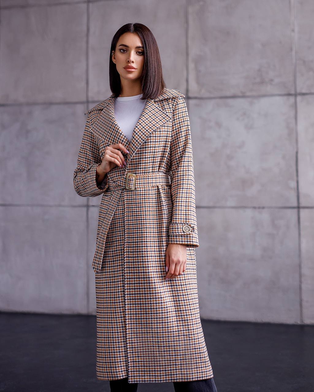 Womens Turkish Fabric Houndstooth Pattern Long Coat with Belt