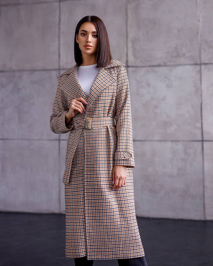 Womens Turkish Fabric Houndstooth Pattern Long Coat with Belt