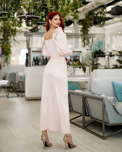 Elegant Pink Satin Midi Dress with Puff Sleeves and Side Slit