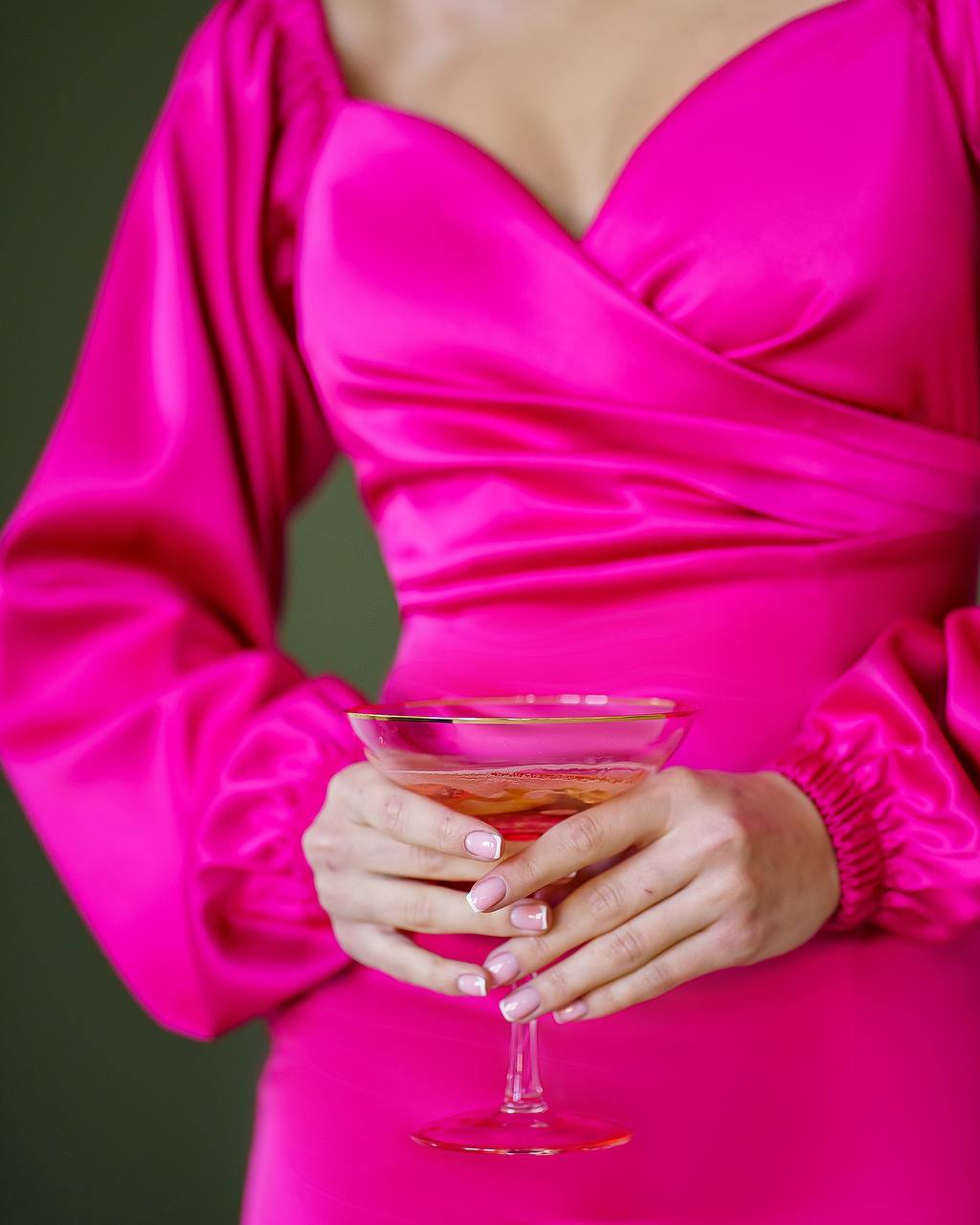 Elegant Raspberry Satin Mini Dress with Long Puff Sleeves