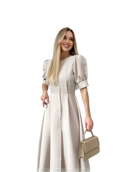 Elegant Beige Midi Dress with Button Front and Puff Sleeves