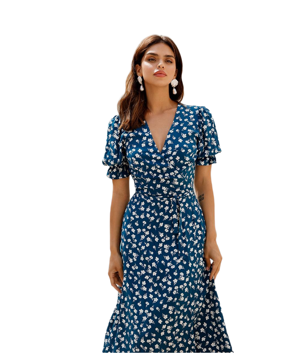 Elegant Blue Floral Midi Dress with Puff Sleeves