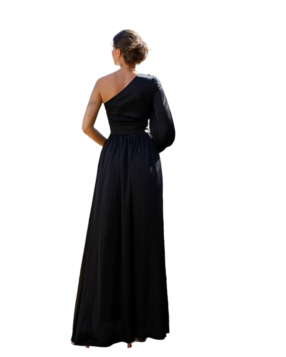Black one-shoulder evening gown on a white background