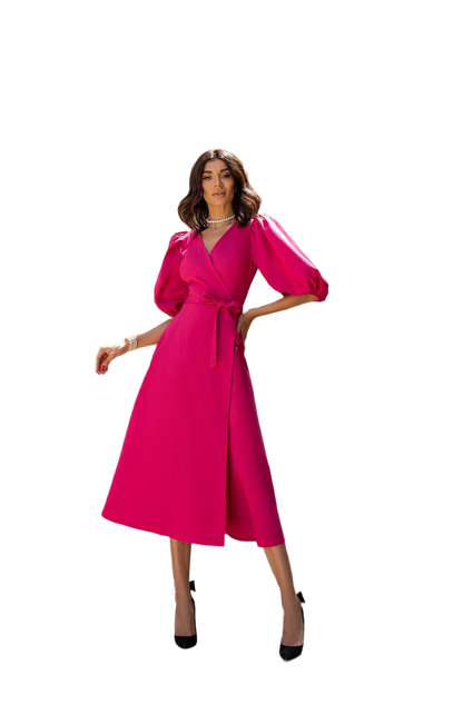 Linen Wrap Sundress with Puff Sleeves in Raspberry
