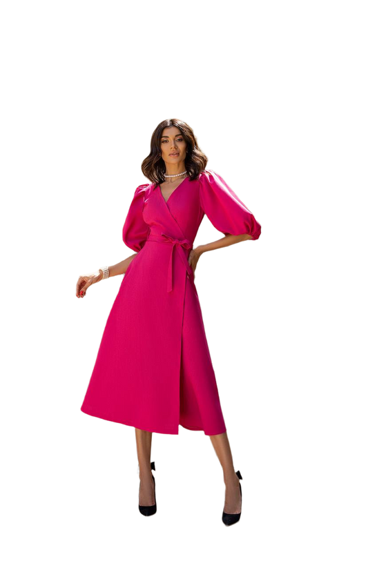 Linen Wrap Sundress with Puff Sleeves in Raspberry