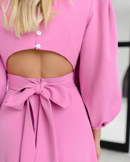 Elegant Midi Dress in Premium Diagonal Suiting Crepe with Puff Sleeves and Back Cutout