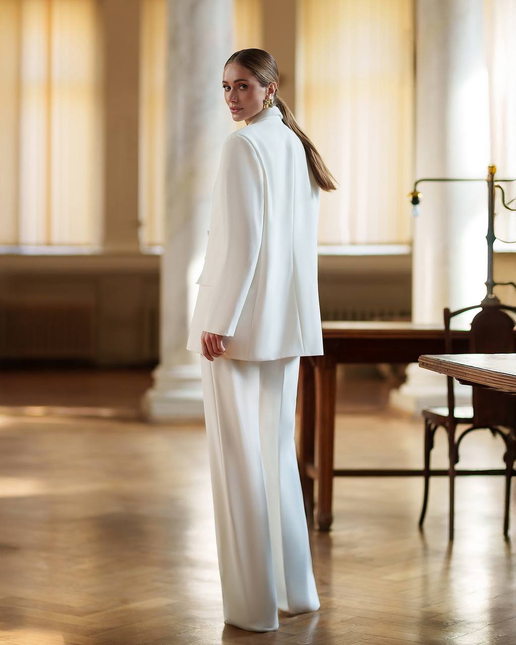 Womens White Three Piece Suit Premium Crepe Diagonal Fabric