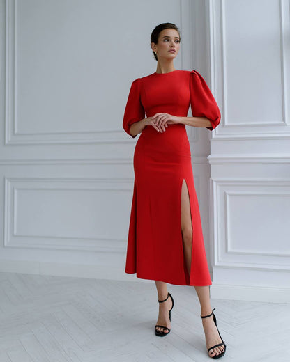 Elegant Women's Midi Dress with Puff Sleeves and Side Slit