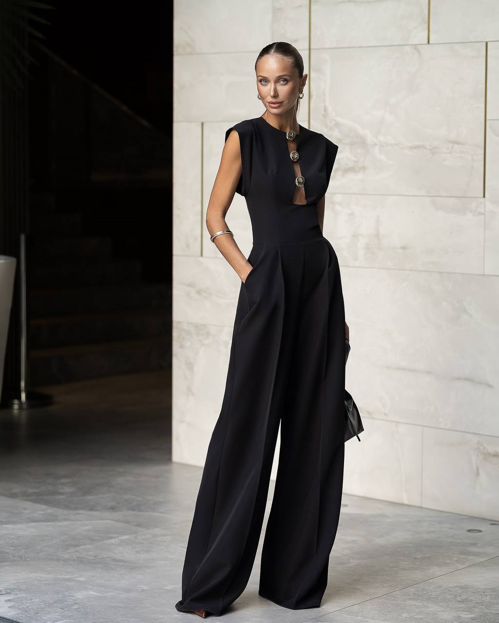 Womens Tailored Wide Leg Jumpsuit with Keyhole Neckline