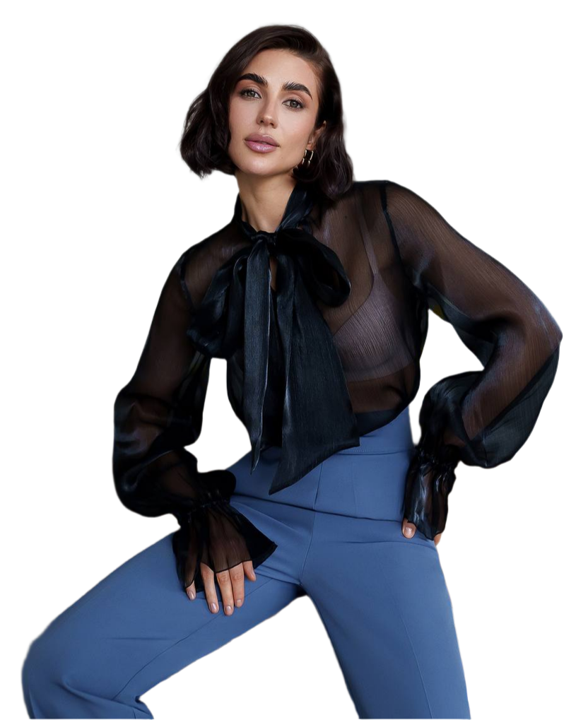 Premium Organza Sheer Blouse with Bow Tie for Women
