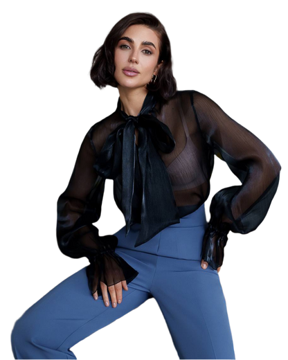 Premium Organza Sheer Blouse with Bow Tie for Women