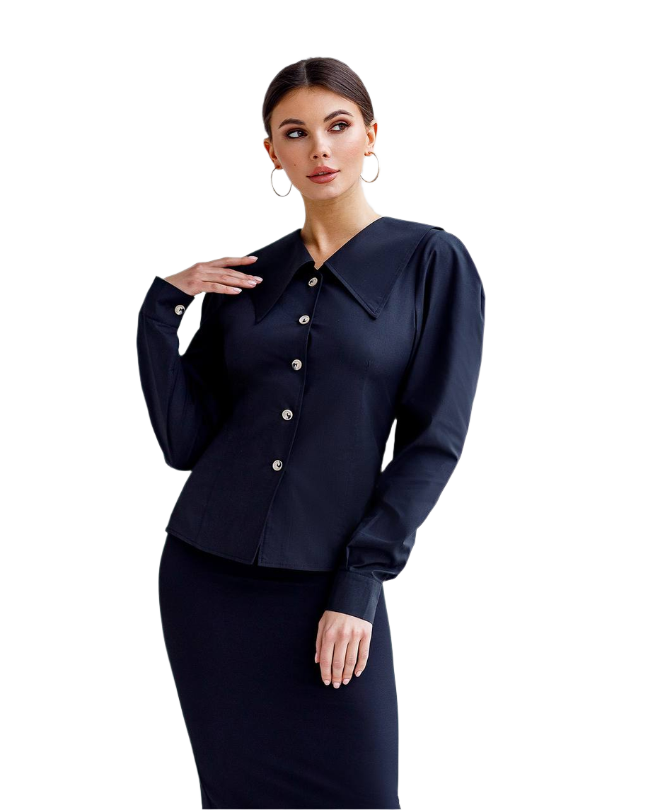 Elegant Dress Shirt in Black with Unique Collar and Long Sleeves