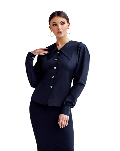 Elegant Dress Shirt in Black with Unique Collar and Long Sleeves