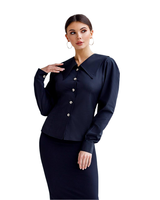 Elegant Dress Shirt in Black with Unique Collar and Long Sleeves