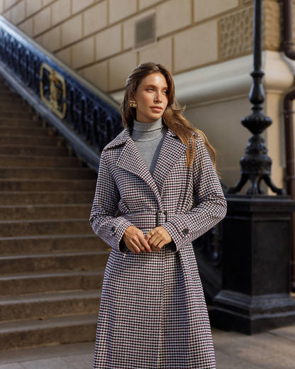 Womens Turkish Fabric Houndstooth Pattern Coat Long Trench Style Belted