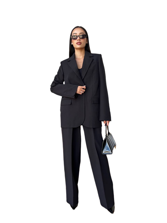 Women's Black Suit Crepe Jacket and Wide Leg Pants