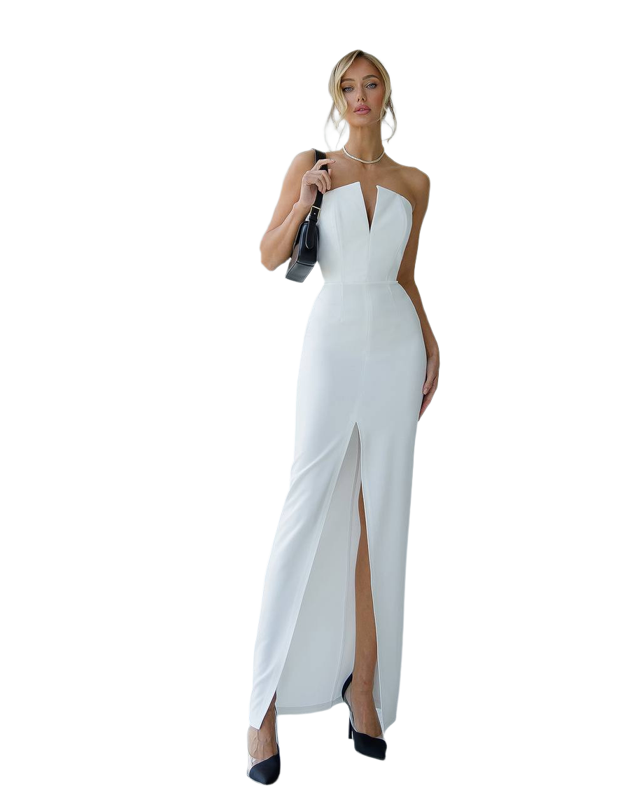 Elegant White Midi Dress with Corset and Front Slit